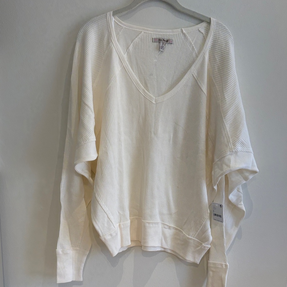 Free People Cream Waffle Knit V-Neck Long Sleeve Tee